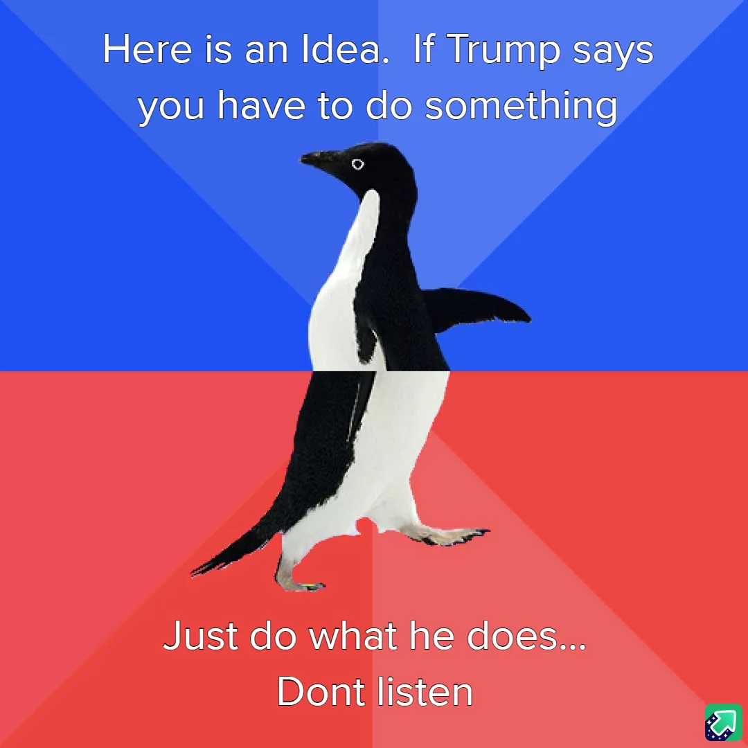 A penguin stands centered against a blue and red background split diagonally. White text at the top reads 'Here is an Idea…