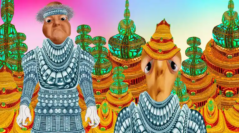 Two cartoonish figures in ornate blue armor stand before a backdrop of colorful, intricate golden and teal pagoda-like…