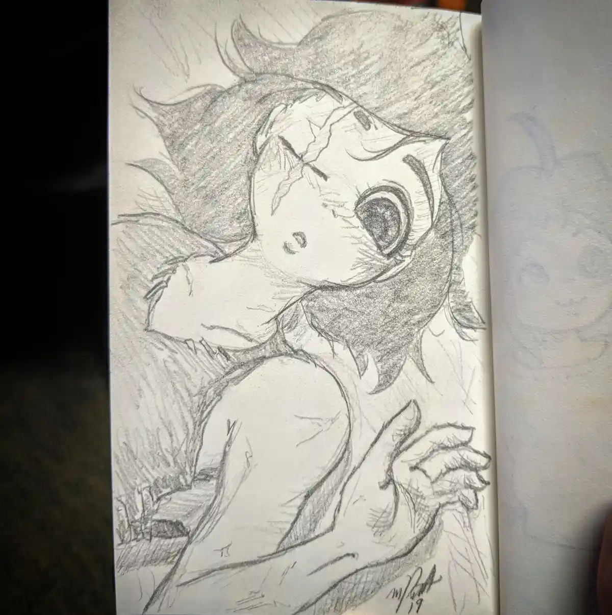 A pencil sketch of an anime-style character with spiky hair, one eye closed in a smile, and the other wide open, looking…