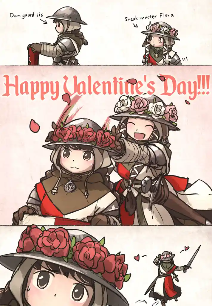 A three-panel comic featuring two armored anime-style characters. Top panel labels them as 'Dum guard sis' and 'Sneak master…