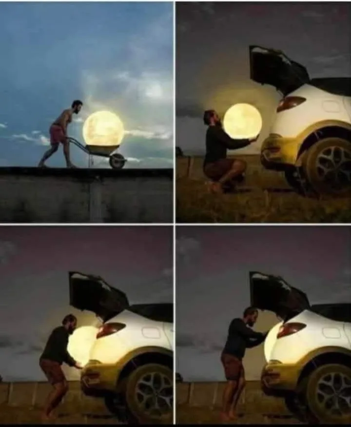 A four-panel image shows a man first pushing a giant, glowing moon in a wheelbarrow across a rooftop, then kneeling to place…