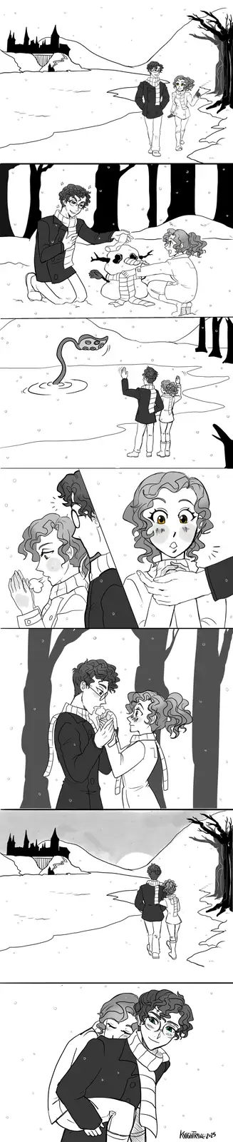 A black-and-white comic strip shows a couple walking in a snowy landscape near a castle. They build a snowman together, then…