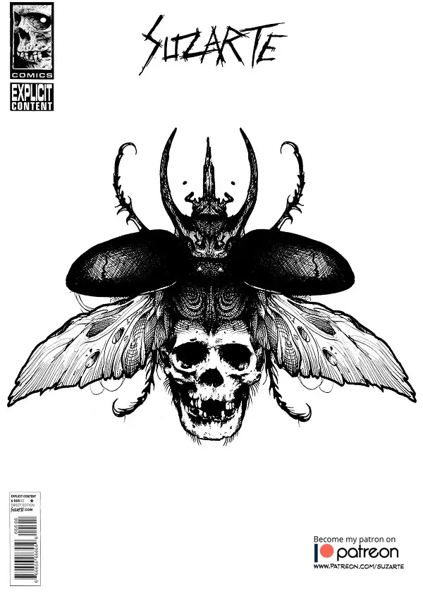 A black and white comic book cover by Suzarte features a detailed illustration of a skull with moth-like wings and beetle…