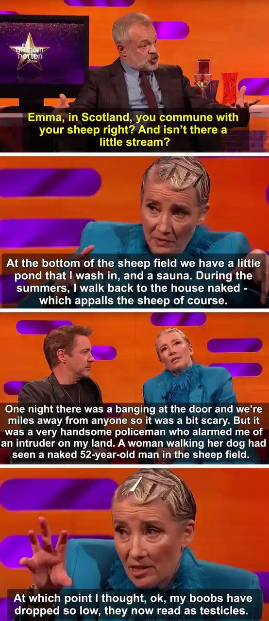A four-panel meme from 'The Graham Norton Show' featuring Emma Thompson recounting a humorous anecdote about her sheep farm…