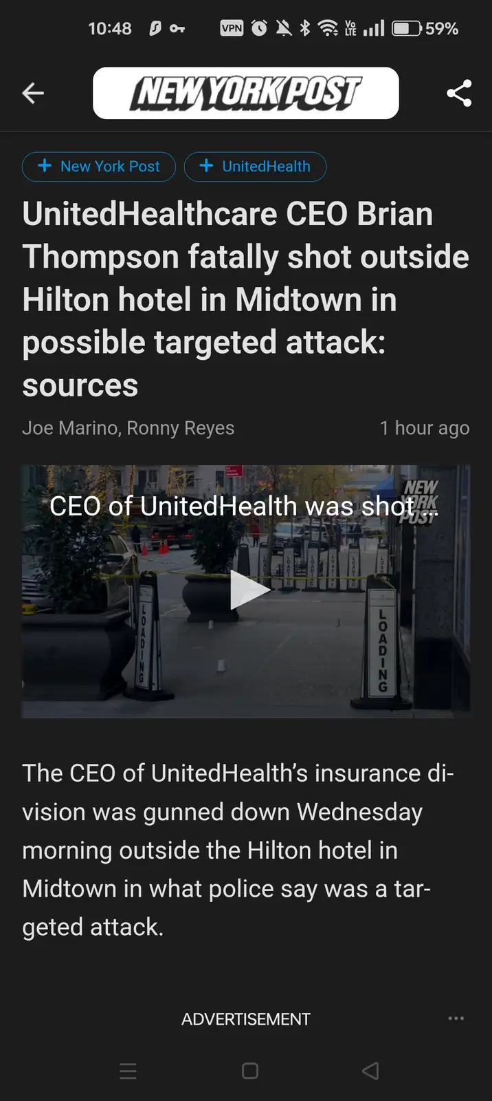 A screenshot of a New York Post news article about UnitedHealthcare CEO Brian Thompson being fatally shot outside a Hilton…