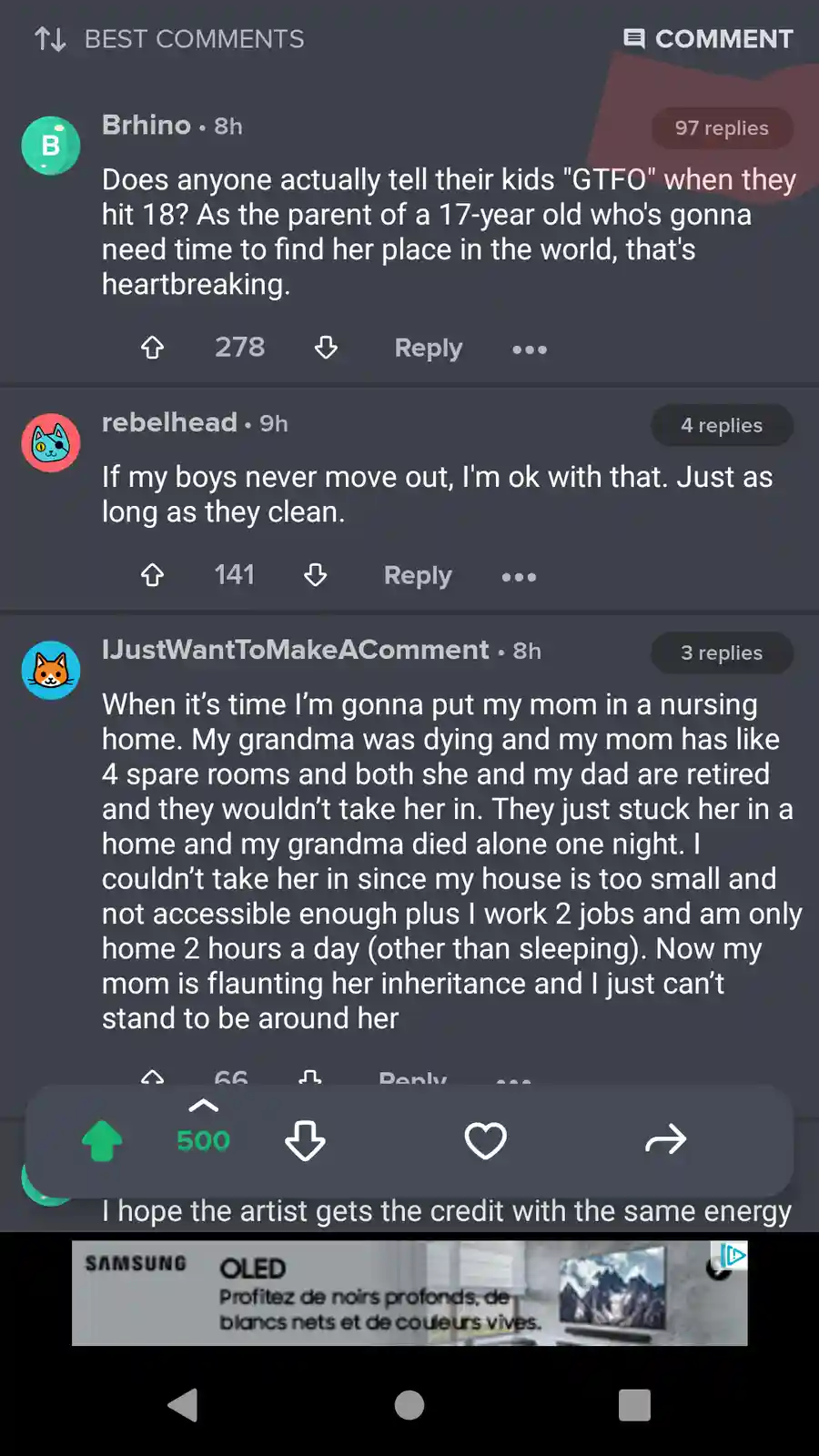 A screenshot of a Reddit comment section showing three user comments about parenting and family care, with the bottom…