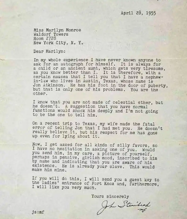 A scanned letter dated April 28, 1955, addressed to Miss Marilyn Monroe at Waldorf Towers, New York City. The handwritten…
