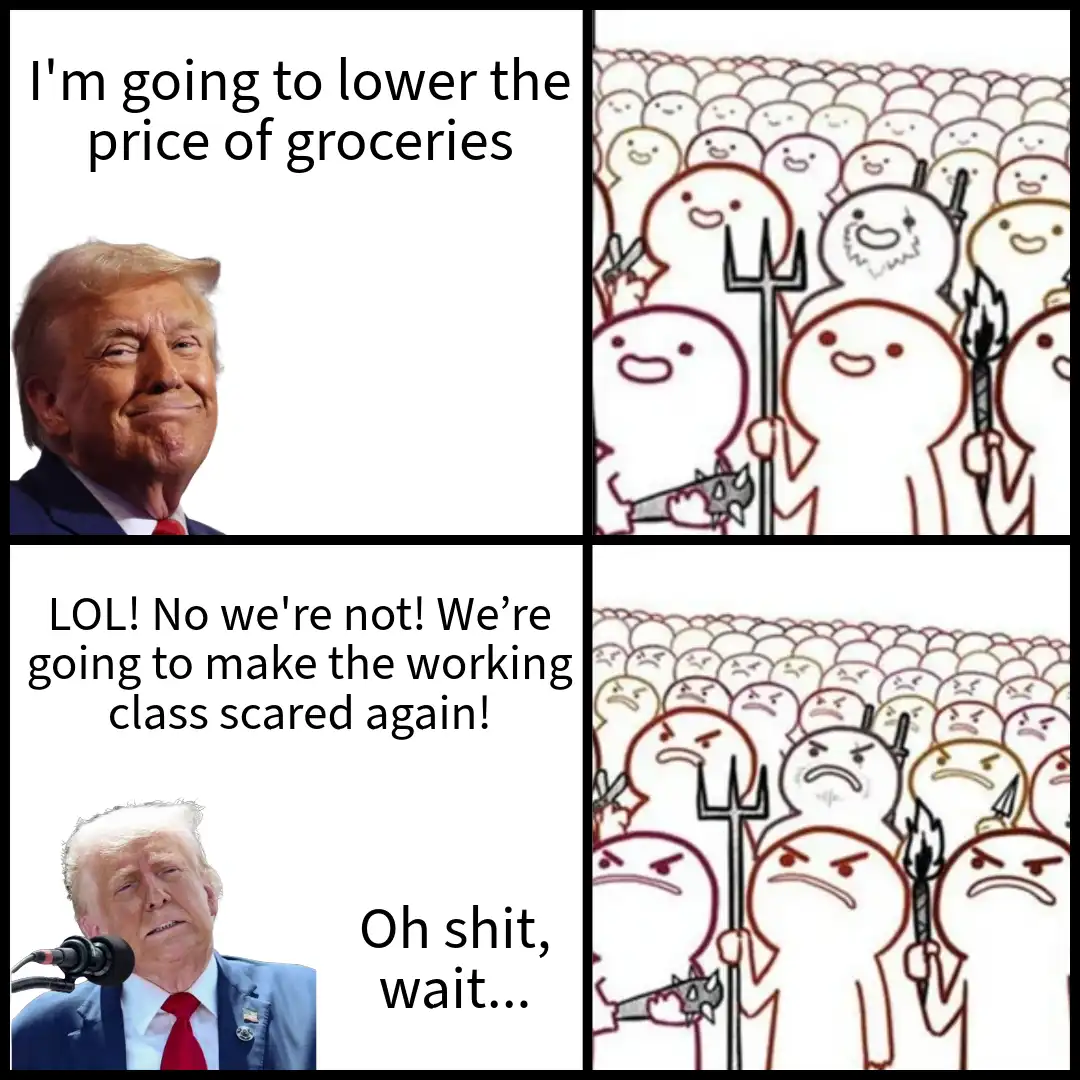 A four-panel meme featuring Donald Trump in two different expressions. The top-left panel shows him smiling with text saying…