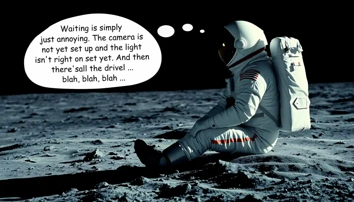 An astronaut in a white spacesuit sits alone on the moon's surface, looking bored and frustrated. A large thought bubble…