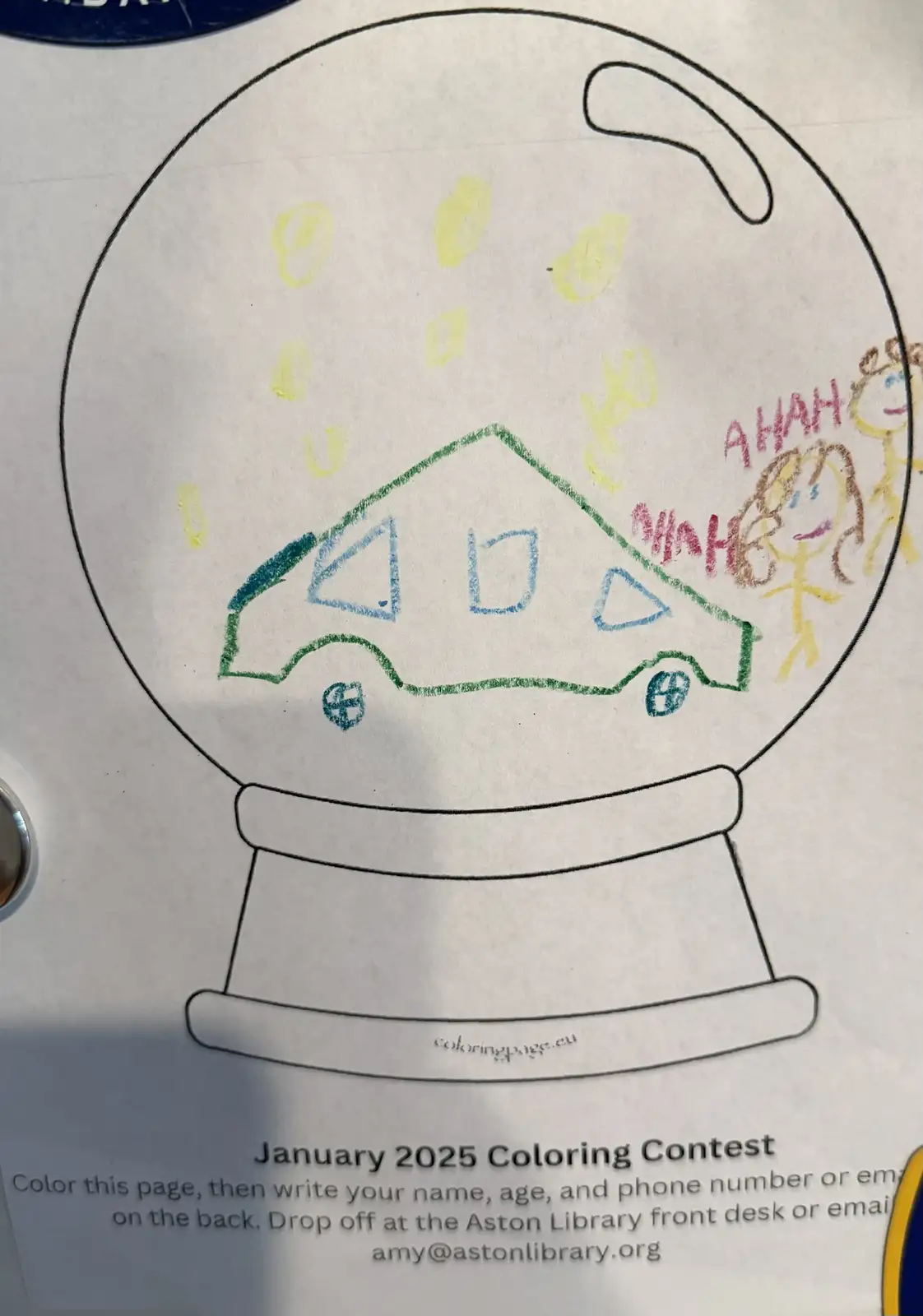 A child's coloring page of a snow globe featuring a green car with blue windows and wheels, yellow snowflakes, and stick…