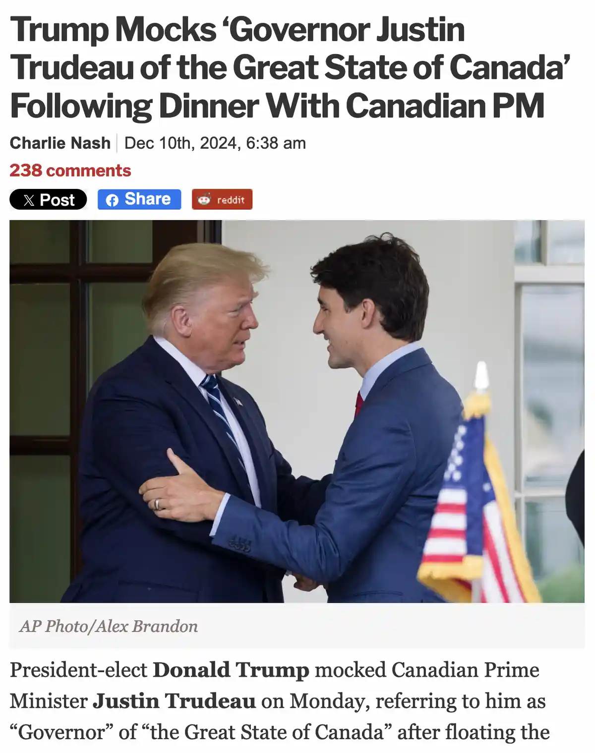 A news article screenshot shows Donald Trump and Justin Trudeau in a friendly embrace, with an American flag visible in the…