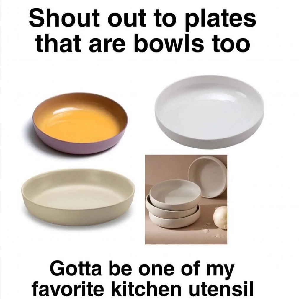 The image displays four kitchen items: a colorful two-toned plate, a white shallow plate, a beige shallow plate, and a stack…