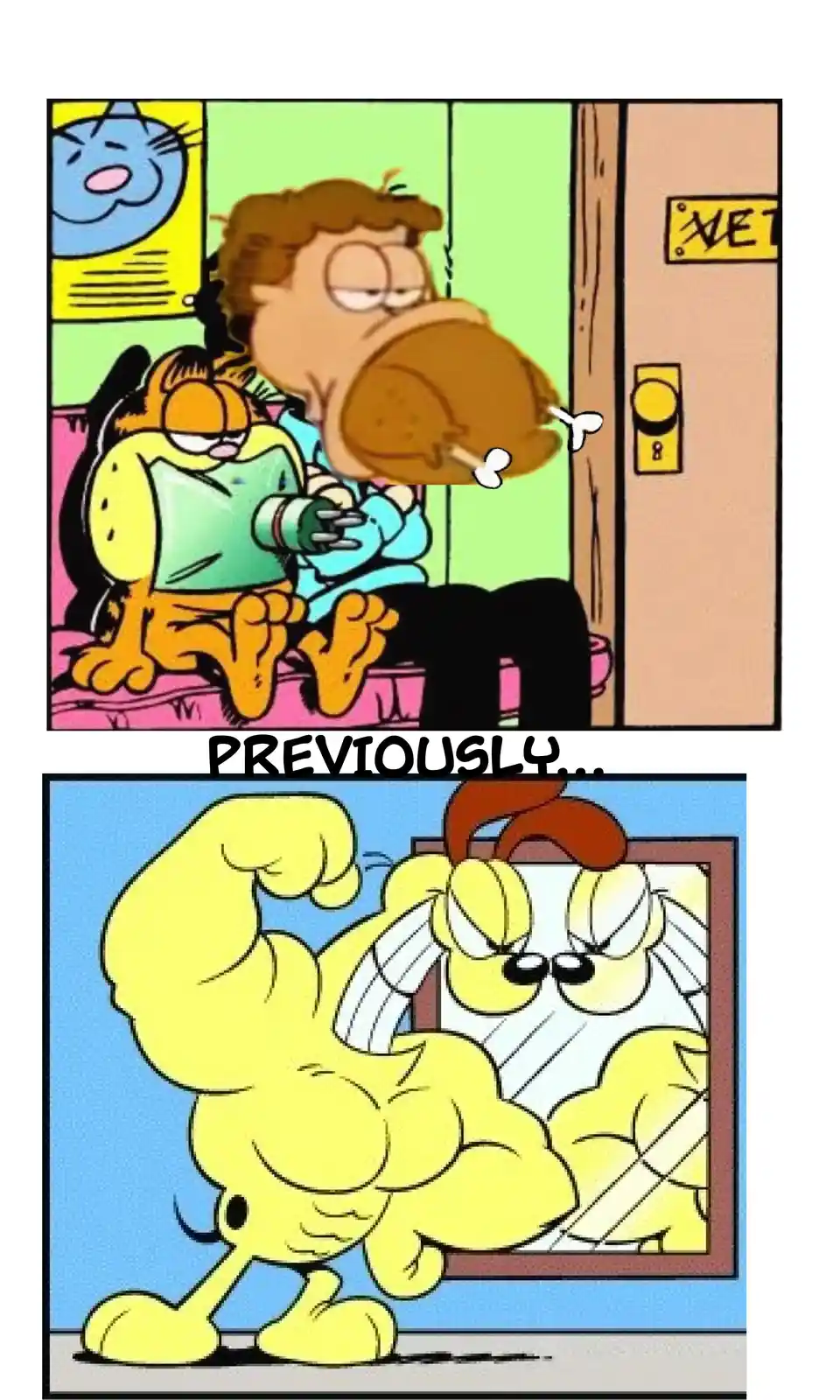 The top panel shows Garfield sitting on a couch with Jon, who is holding a large turkey leg. The bottom panel shows a…