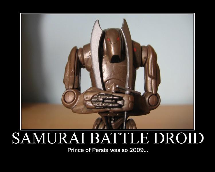 A close-up photo of a brown, humanoid robot toy with red glowing eyes and two swords crossed over its chest. The image is…