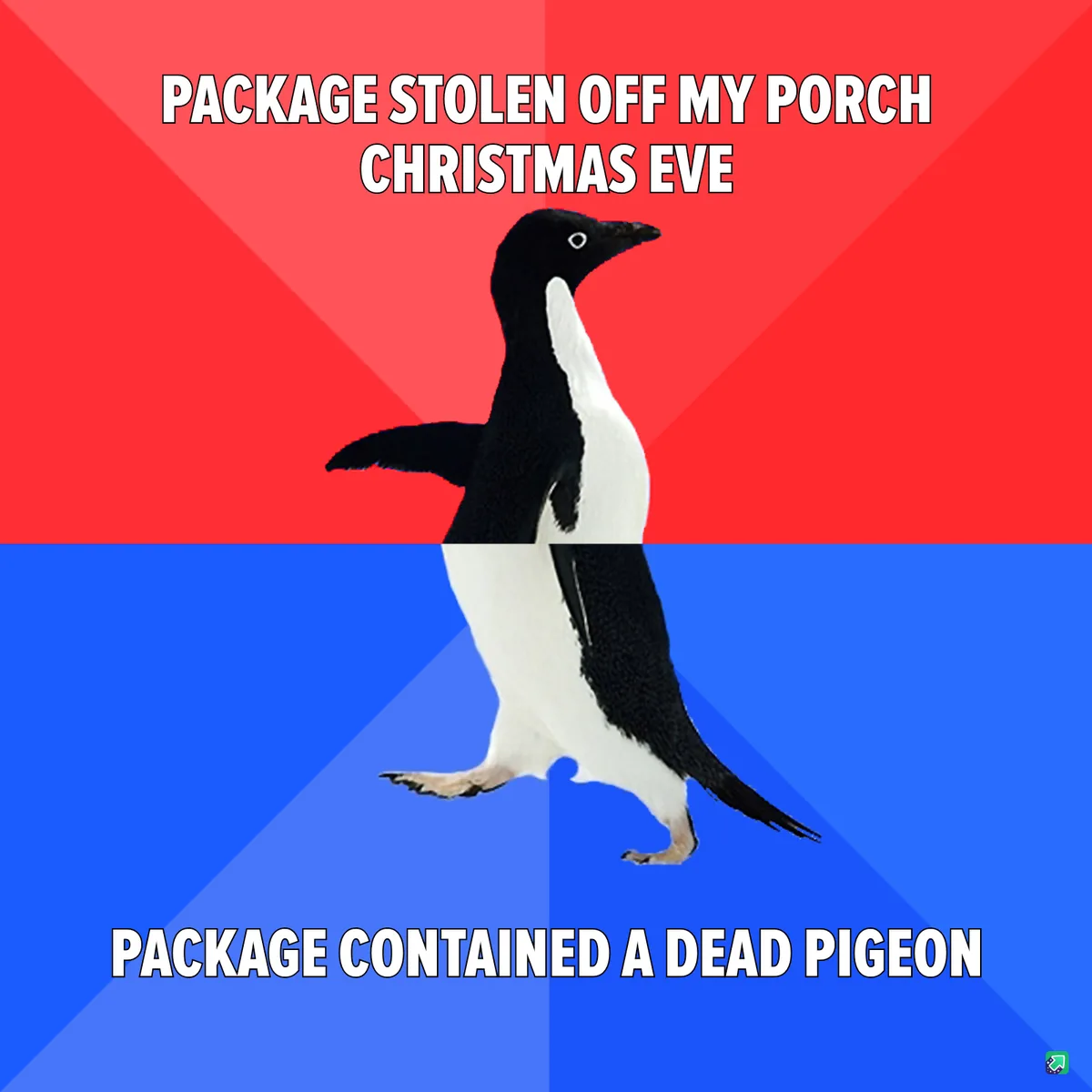 A penguin stands centered against a red and blue diagonally split background. White bold text at the top reads 'PACKAGE…