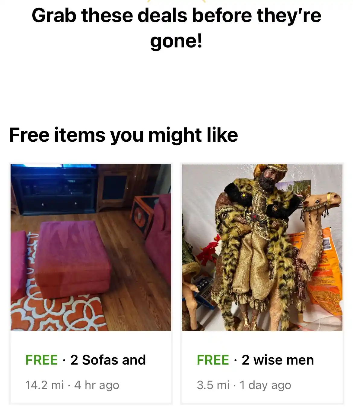An image mimicking a free item listing website shows two listings: one for '2 Sofas and' and another for '2 wise men', both…