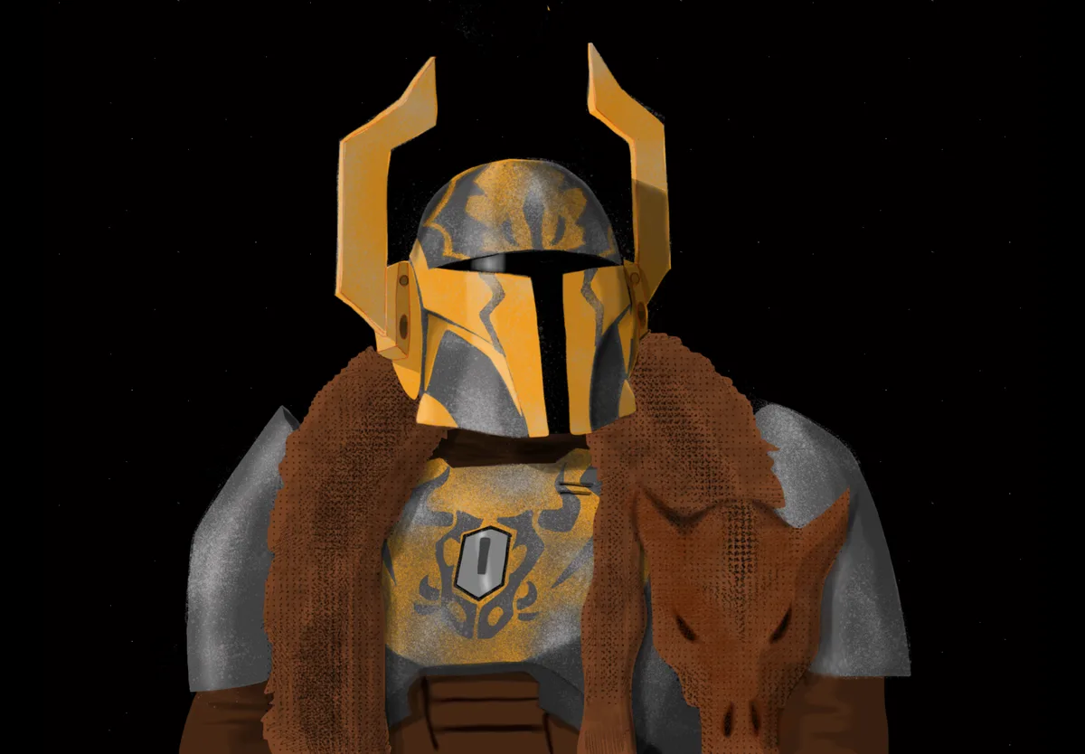 A digital illustration shows a Mandalorian warrior in a distinctive yellow and grey helmet with tall, angular horns and a…