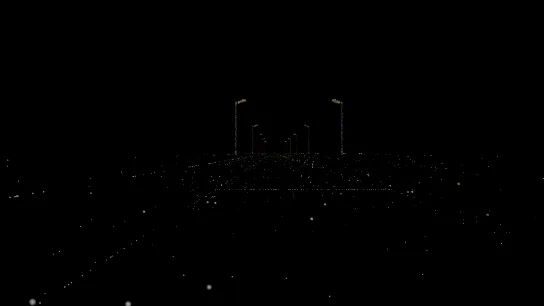 The image shows a dark, starry night scene with a road leading toward a bridge. The bridge is rendered in a wireframe or…