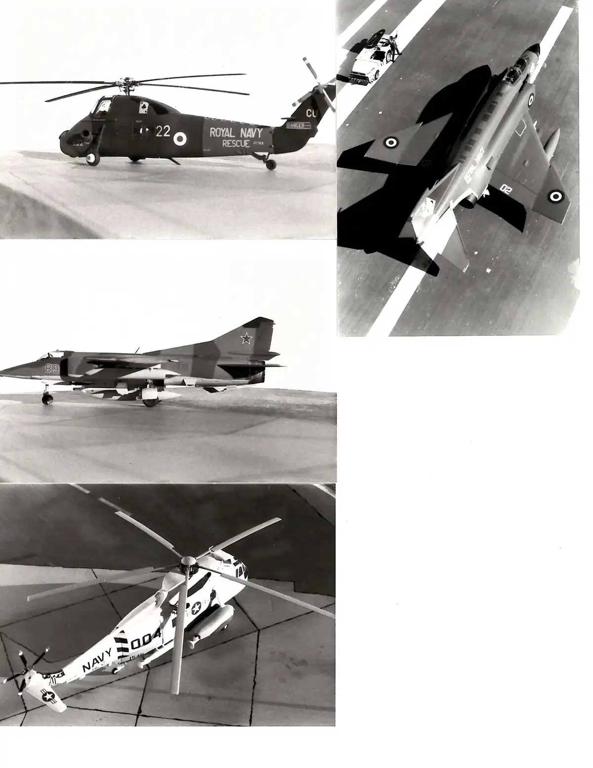 A black-and-white collage of four military aircraft: a Royal Navy rescue helicopter, a Royal Navy jet, a Soviet jet, and a…