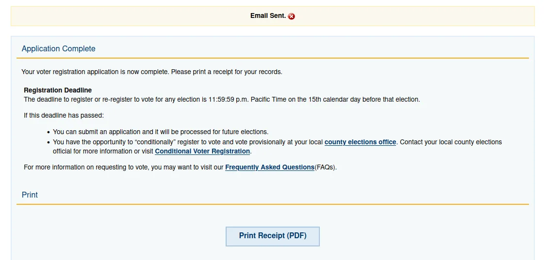 A screenshot of a voter registration confirmation page showing 'Application Complete' and a 'Registration Deadline' notice…