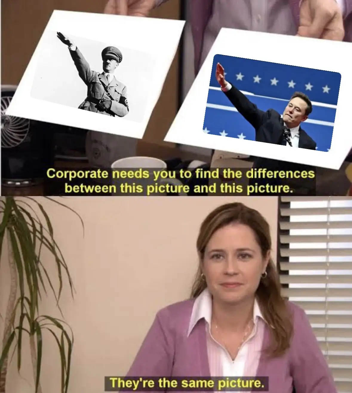 Two photos are held up side-by-side: one of a man in a historical military uniform raising his arm, and the other of Elon…