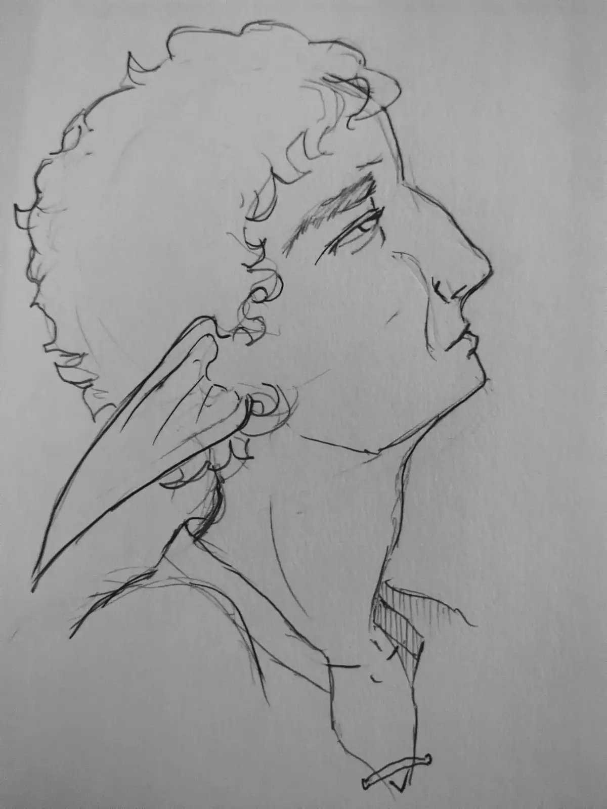 A rough pencil sketch shows a person in profile with curly hair, looking upward with a hand near their chin. The drawing is…