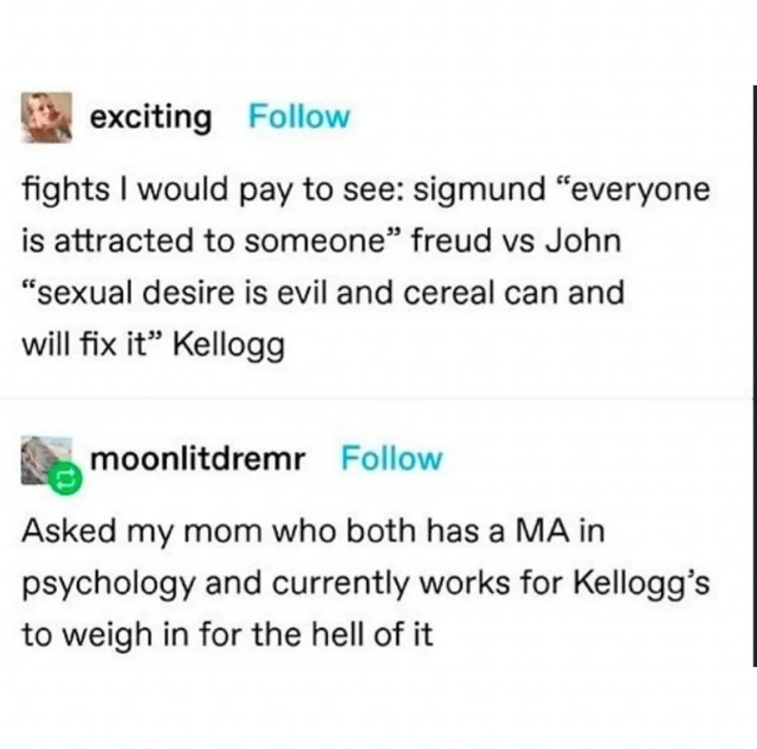 The image shows two social media posts. The first, from user 'exciting', lists a fictional fight between Sigmund Freud and…