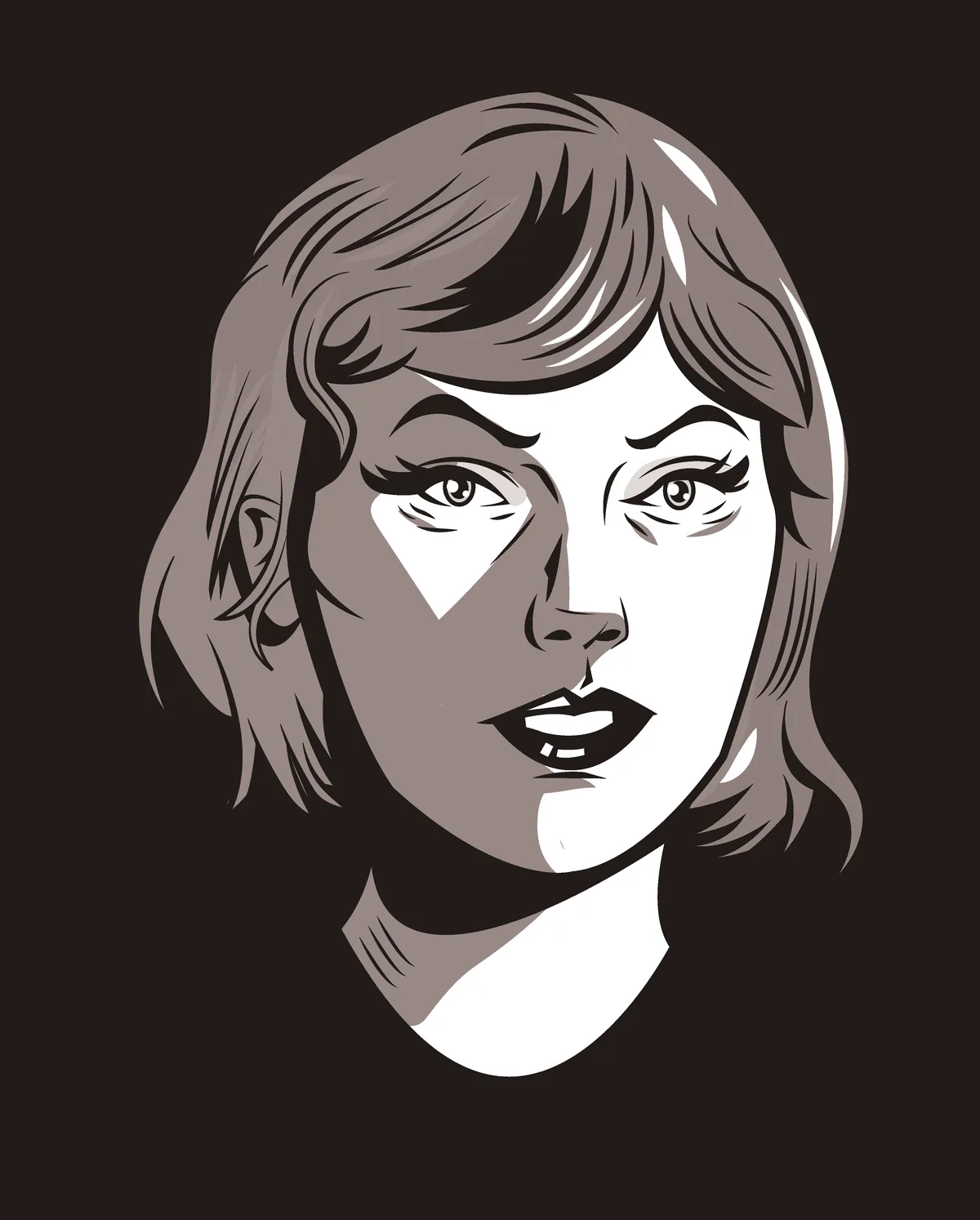 A stylized, sepia-toned illustration of a woman's face with a serious, slightly skeptical expression, set against a dark…
