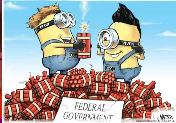 Two Minions, one labeled 'ELON' and the other 'VIVEK', both wearing 'DOGE' overalls, stand atop a pile of dynamite labeled…