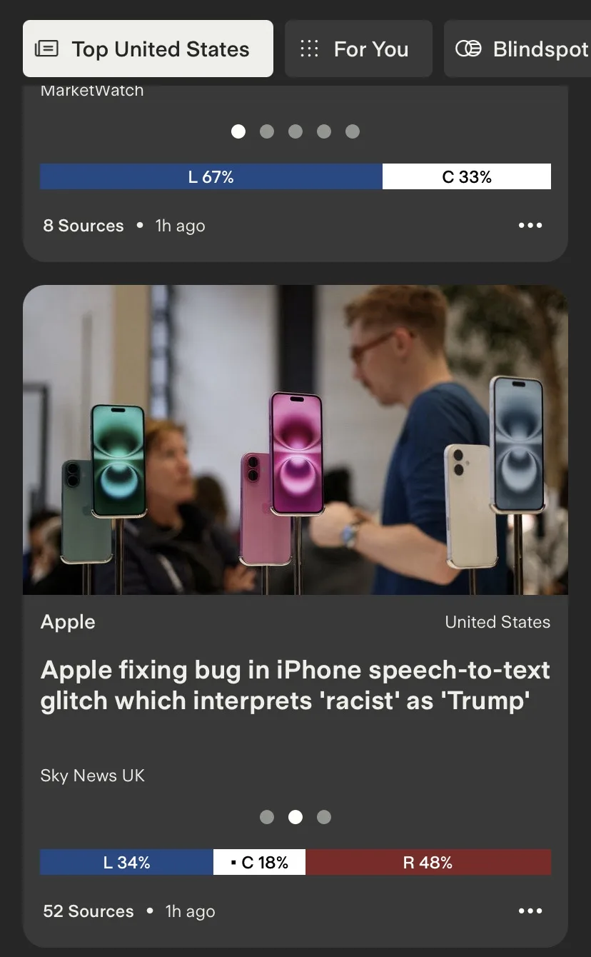 A screenshot of a news feed showing a headline about Apple fixing a bug in iPhone speech-to-text that misinterprets 'racist'…