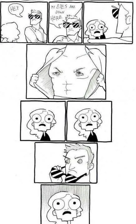 A black-and-white comic strip shows a man wearing sunglasses saying 'HEY' to a woman, then pointing to his eyes with 'MY…