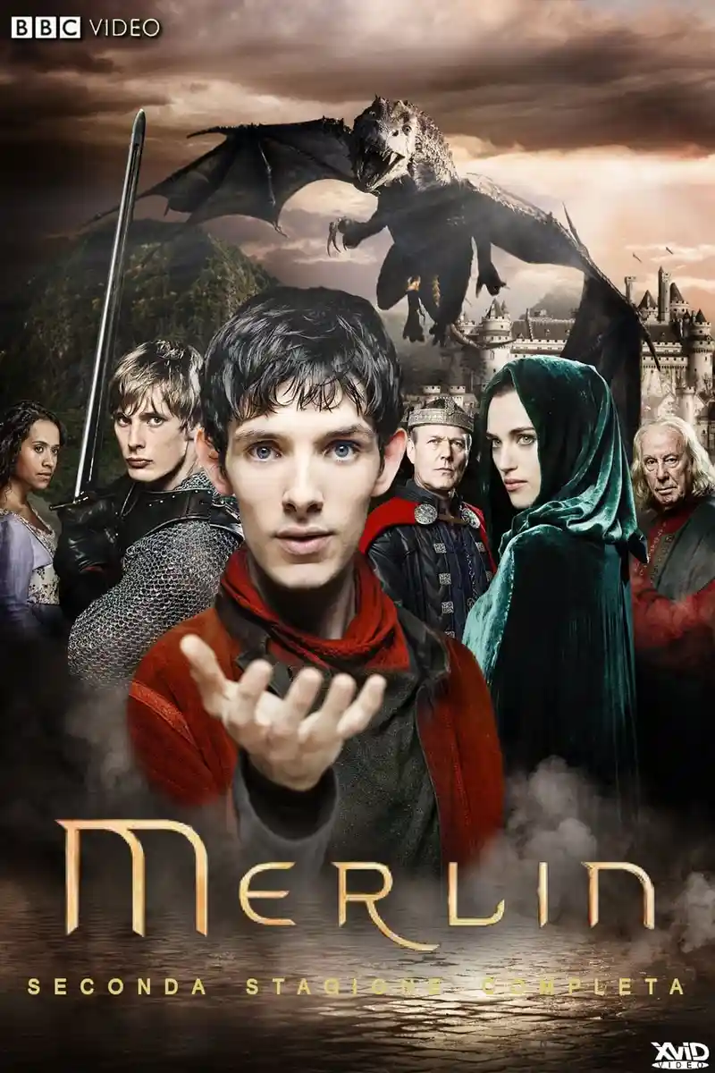 This is a promotional poster for the BBC TV series 'Merlin,' featuring the main cast including a young wizard in the…