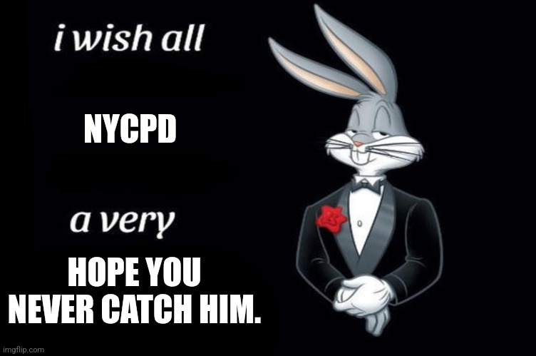 A cartoon rabbit dressed in a black tuxedo with a red rose on his lapel stands against a black background. White text is…
