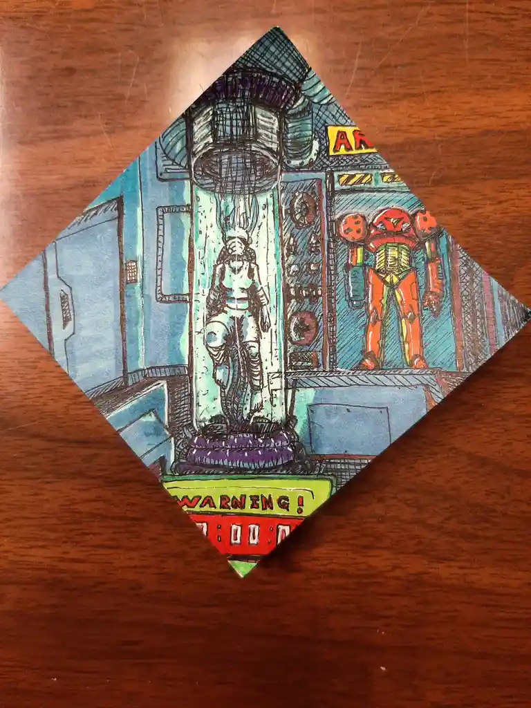 A hand-drawn, diamond-shaped illustration depicts a sci-fi scene with a humanoid figure in a transparent cylindrical…