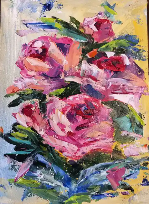 A thickly painted, textured oil painting of a bouquet of pink and red roses with green leaves, rendered in an expressive…