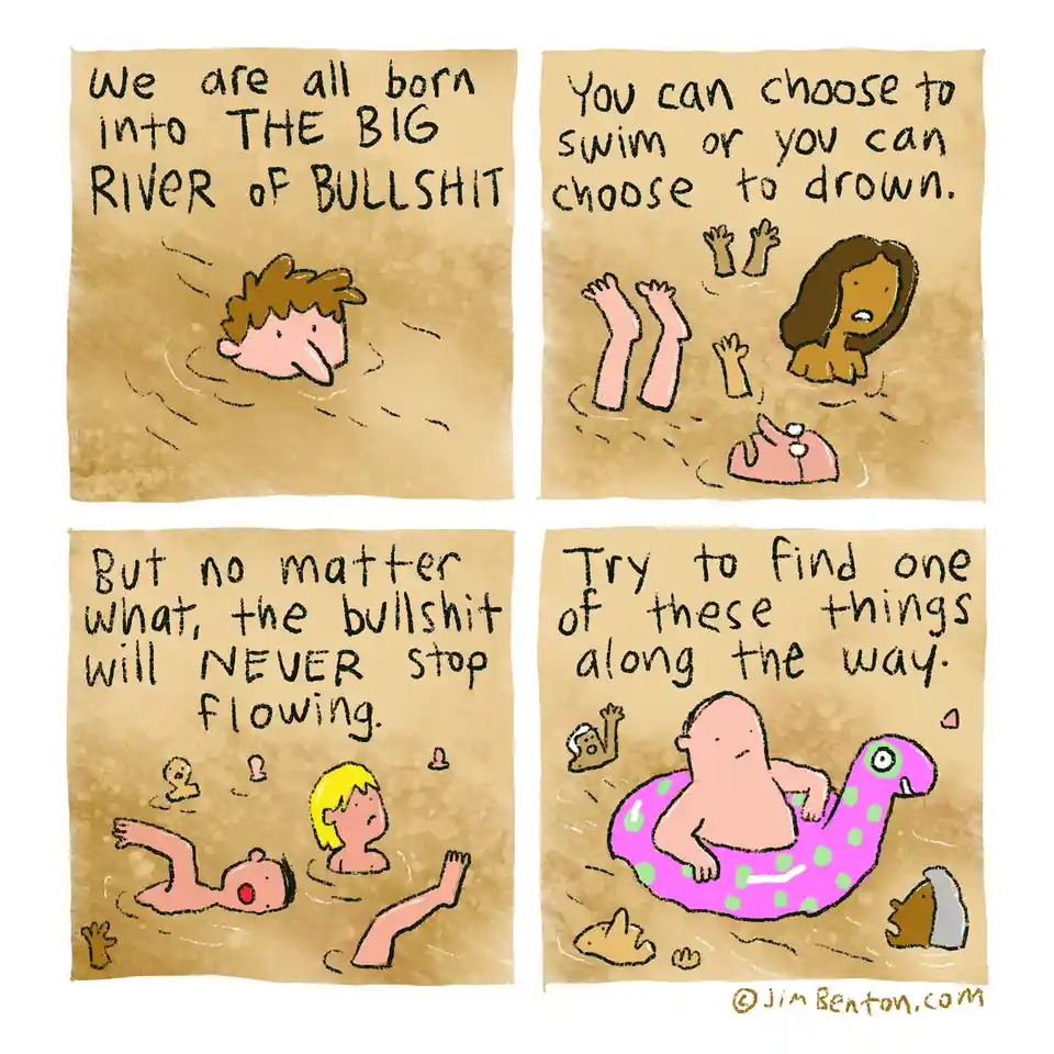 A four-panel comic strip with hand-drawn cartoon characters in a brown river. The first panel shows a person swimming with…