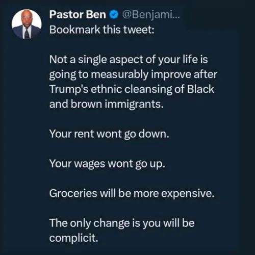 A screenshot of a tweet from 'Pastor Ben' (@Benjami...) on a dark background. The tweet text is white and lists several…