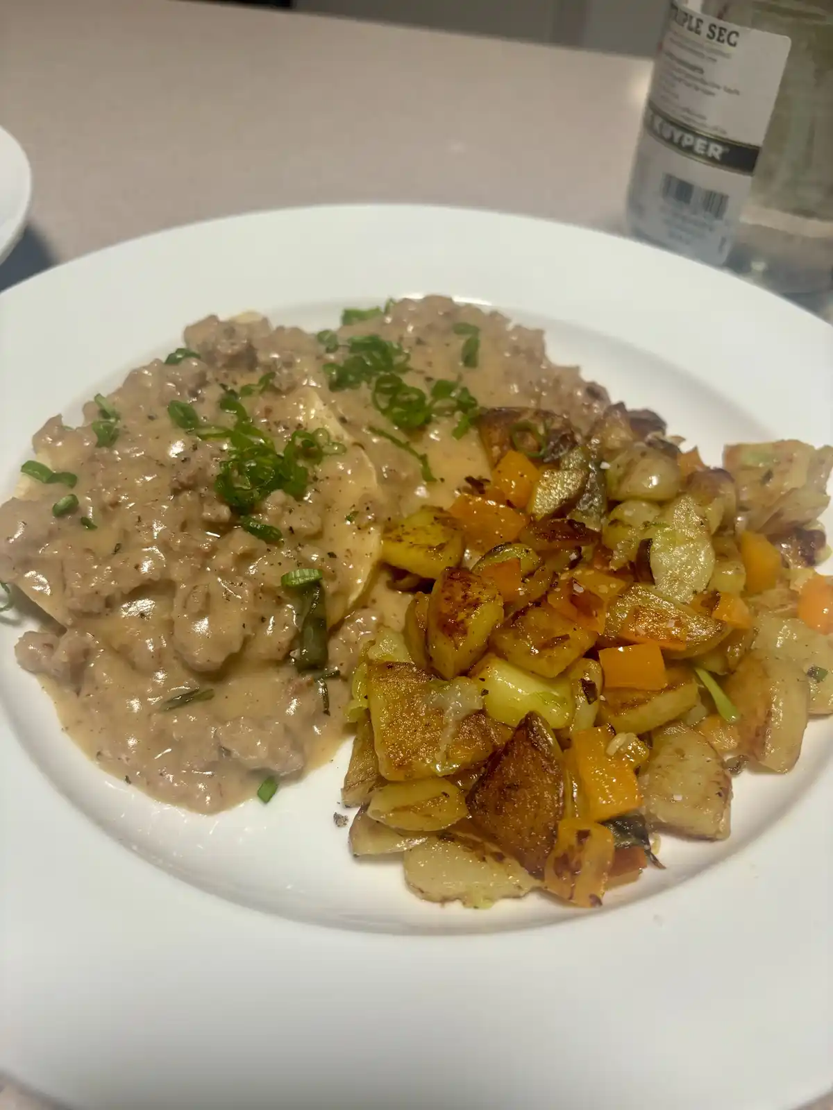 A close-up photo of a white plate holding a serving of meat covered in creamy gravy and garnished with chopped green onions…
