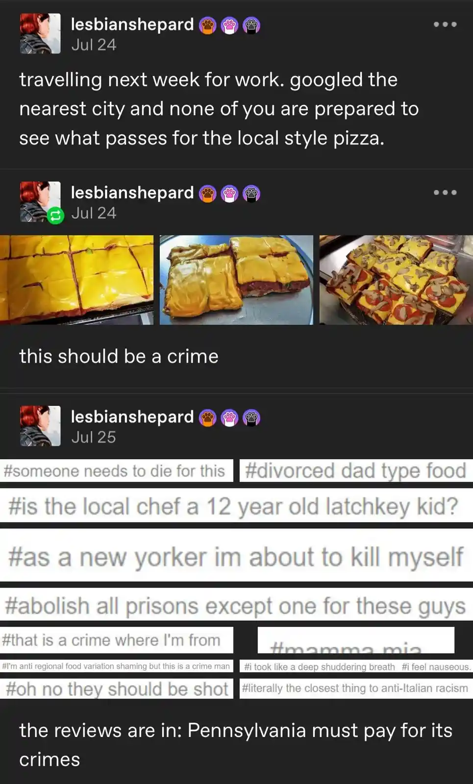 A social media post by 'lesbianshepard' shows three images of square, cheese-heavy, and oddly shaped 'pizza' from…