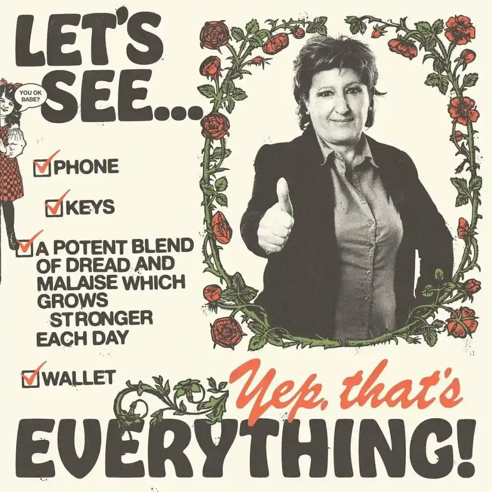 A black-and-white photo of a woman giving a thumbs-up is framed by red roses. To the left, a checklist titled 'LET'S SEE...'…