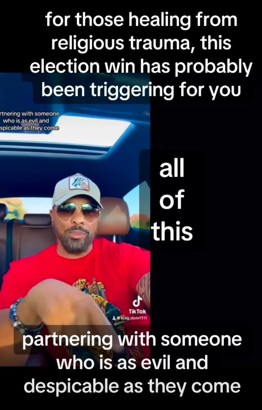 A man wearing a red shirt, sunglasses, and a baseball cap sits in a car, looking at the camera. Overlaid text reads: 'for…