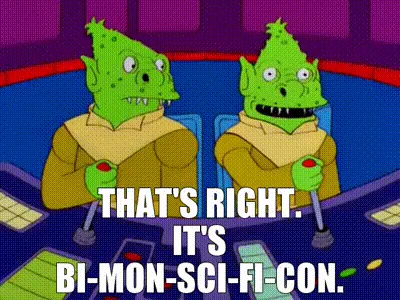 The image is a four-panel meme featuring two green, spiky-headed alien characters from 'The Simpsons' sitting at a control…