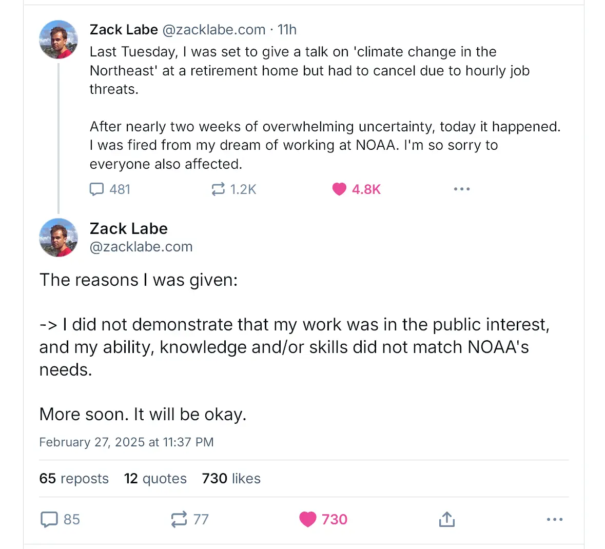 A screenshot of two tweets from Zack Labe showing he was fired from NOAA, with the second tweet listing the official reason…