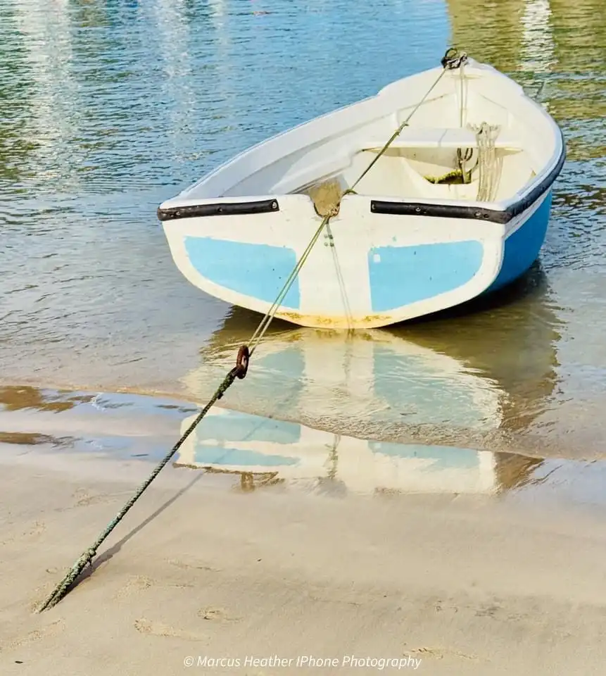A small white and blue boat is beached on wet sand, tethered by a rope anchored in the sand. The boat's reflection is…