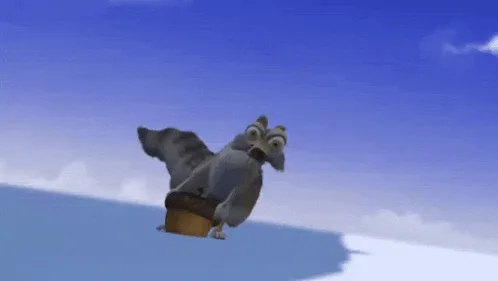 The image shows six frames of the animated character Scrat from Ice Age, depicted in a sequence where he is comically…