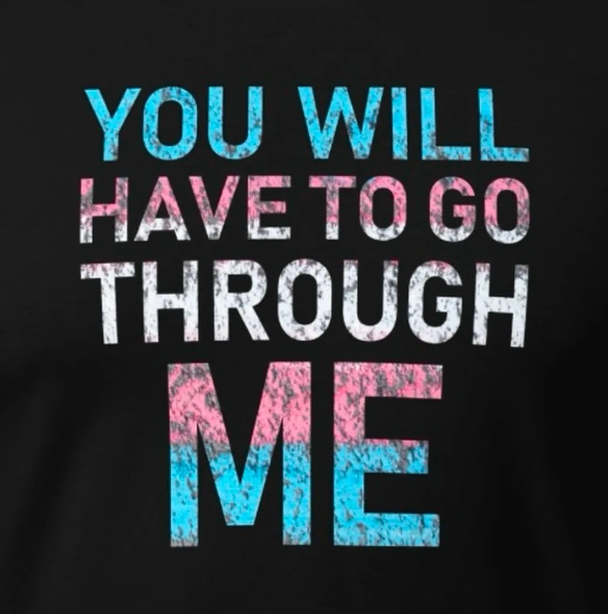 A black t-shirt displays the phrase 'YOU WILL HAVE TO GO THROUGH ME' in bold, distressed block letters. The text uses a…