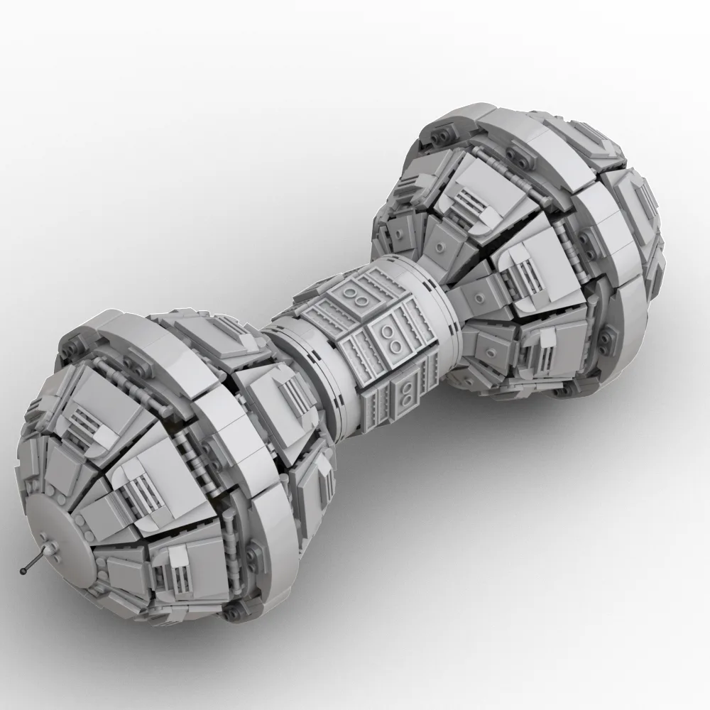 A gray, highly detailed, mechanical dumbbell with intricate paneling and rivets is shown against a plain black background…