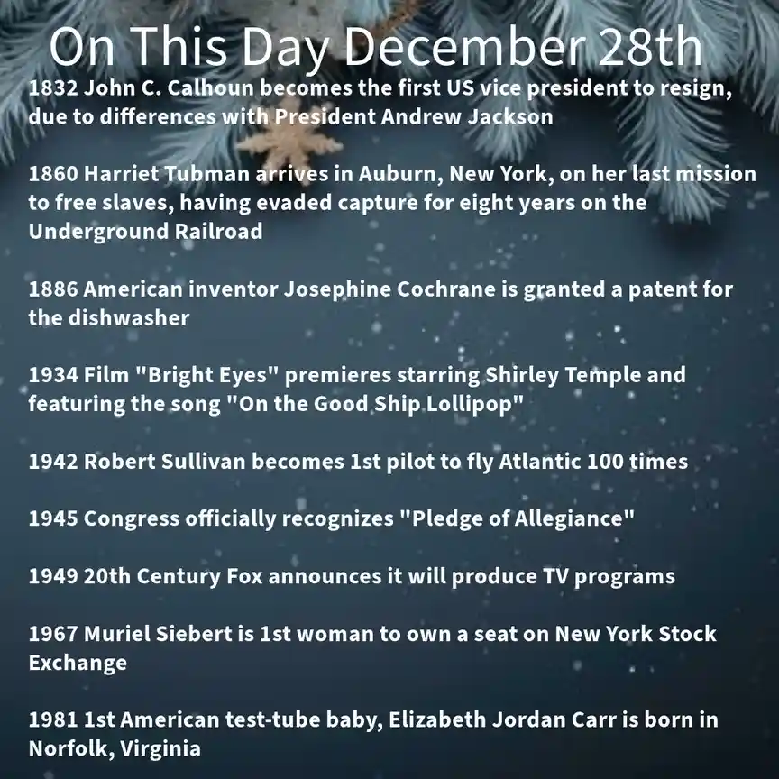 A dark blue holiday-themed image with pine branches and snowflakes, listing historical events that occurred on December 28th…