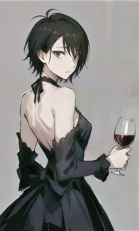 An anime-style illustration of a young woman with short black hair, wearing a black backless dress with a large bow, holding…