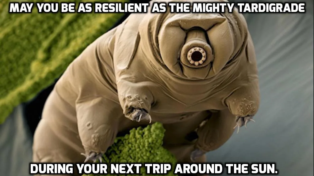 A close-up microscopic image of a tardigrade, a microscopic animal with a rounded, segmented body and four pairs of legs…